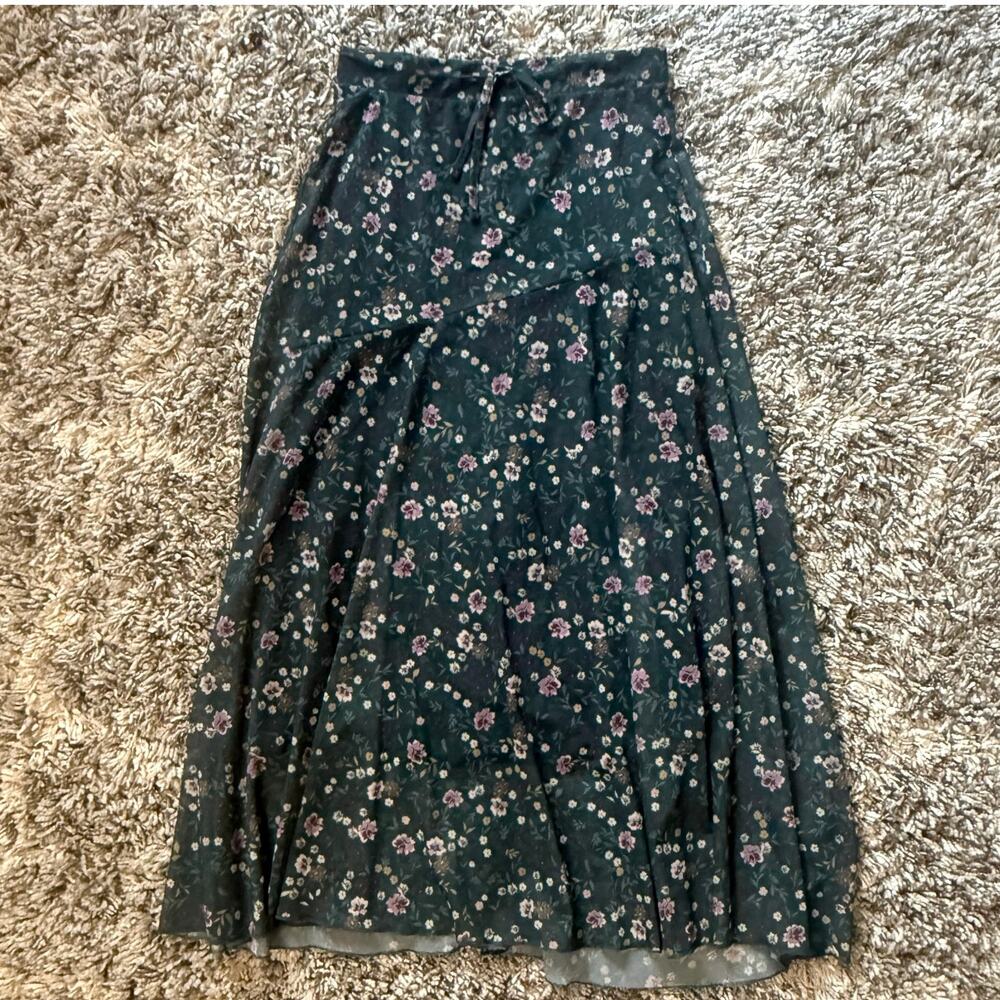 STR Stradivarius Green Floral Midi Maxi Skirt Stretchy Mesh pull On Drawstring S